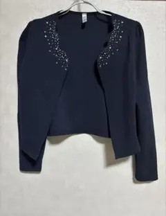 ノーカラージャケット カーディガン パール飾り ネイビー ボタンレス