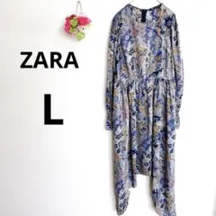 a5883 ザラ　長袖　総柄　ロングワンピース　裏地無し　左右裾丈長め　薄手　L