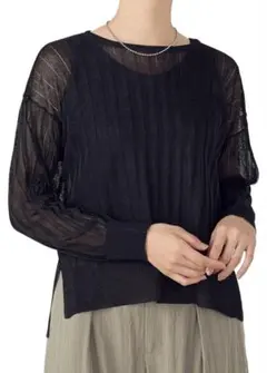 断捨離中！コムサ　ブラック シアー素材 ワイドリブトップス Fサイズ