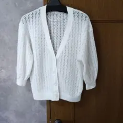 COLZA ホワイト 透かし編み カーディガン Lのサムネイル