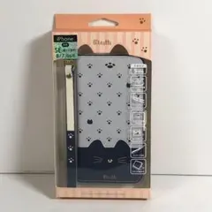 iPhone スマホケース 手帳型 SE3 SE2 8 7 新品 猫　白×紺