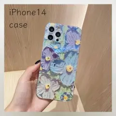 184＊新品＊ iPhone14 ケース ブルー 花柄 油絵韓国 スマホケース