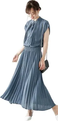 ワンピース ロング プリーツ レディース 無地 シンプル カジュアル ブルー