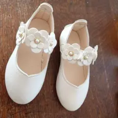 【16cm】フォーマル 女の子 子供 キッズ 靴 花 白 ホワイト シューズ