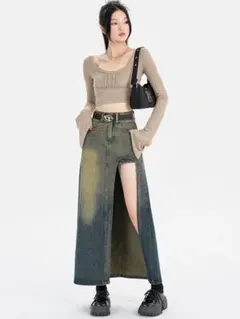 春夏デニムロングスカート　おしゃれ デート女子会普段着