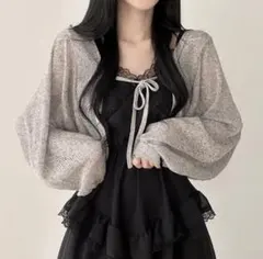 amood ボレロカーディガン　リボン　クロップ　長袖　韓国　グレー