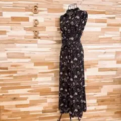 【ザラ】レーヨン ボタニカル 花柄 ロング シャツ ワンピース XS 黒×ピンク