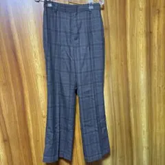ブラウン系チェック カジュアルパンツ ストレートレッグ　裾スリットウエストゴム