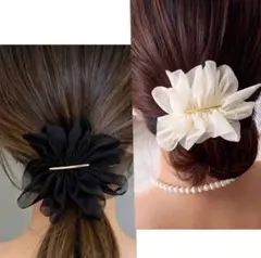 【ブラック】フラワーバレッタ シフォン 花 ヘアアクセサリー　入園式　卒業式