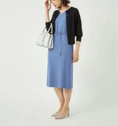 グリーンレーベルリラクシング 美品！ベルト付きワンピース 綺麗なブルー 防シワ