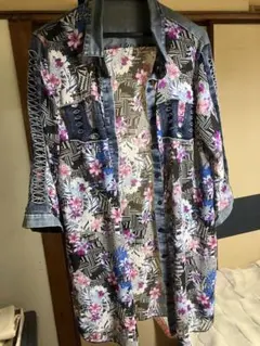 花柄 デニム切替 五分袖シャツ