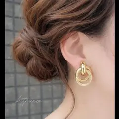No.218 大人ゴールド♡デザインダブルリングイヤリング✩*.゜高見え