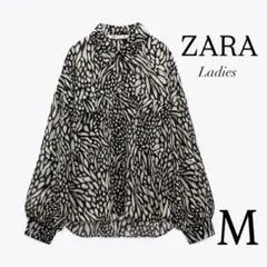 ZARA 総柄 シアー シースルー バックリボン シャツ ブラウス M