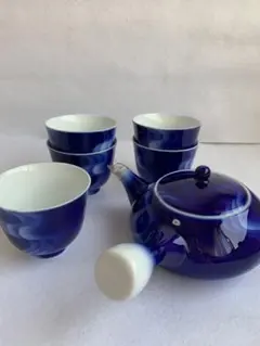 宮内庁御用達 深川製磁 富士型急須茶器「泉」 瑠璃色 湯呑5客セット 有田焼