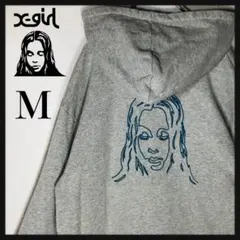 【人気デザイン】エックスガール フェイスロゴ刺繍 デカロゴ パーカー M グレー
