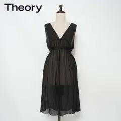 美品 セオリー シルク混シアーギャザーノースリーブワンピース 黒2*HD1190