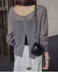 グレー バックオープン 五分袖ニット