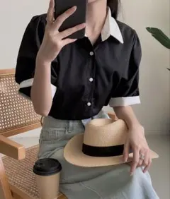 【新品未使用】ストライプ半袖シャツブラウス ビジネスシャツ