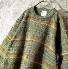 【ヴィンテージ 3D ニットセーター】カーキ Mサイズ ボーダー 立体編み