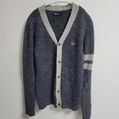 FRED PERRY グレー Vネック ニット カーディガン M バイカラー