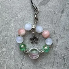 天然石ビーズストラップフルーツモチーフ花型パーツピンクシルバーホワイト緑