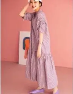 ギンガムチェックワンピース(5分袖)紫白チェック柄シャツワンピース堀田真由さん