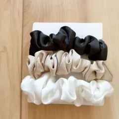 ヘアアクセサリーシュシュサテンヘアゴム 3個セット ブラック ベージュ ホワイト