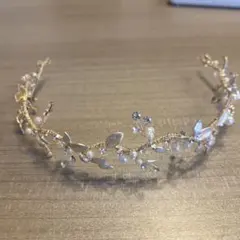 ブライダル ヘッドドレス ゴールド パール リーフ 全長約33cm