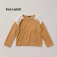 エコラッチ 刺繍レース ニット カットソー L キャメル 長袖 レース切り替え