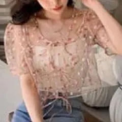 シアー3連リボン花柄パフスリーブブラウス シーイン