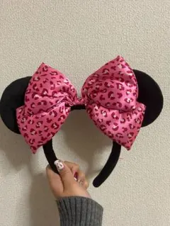 ミッキー耳カチューシャ レオパード柄 ピンク リボン