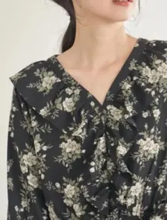 EARTH　花柄ロングワンピース　黒　F