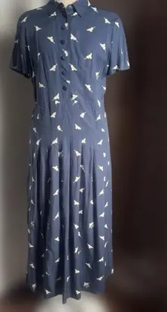【EVEX by KRIZIA 】シャツワンピース　ロング　ネイビー　猫柄　42のサムネイル