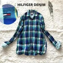 トミーヒルフィガーデニム メンズ 青緑チェック長袖シャツ 刺繍ビックサイズ XL