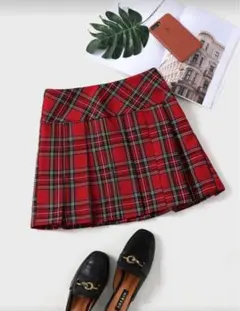 赤 チェック柄 プリーツスカート