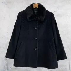 【最終値下げ】ウール混 コート ブラック ファー付き ビンテージ 黒 総柄