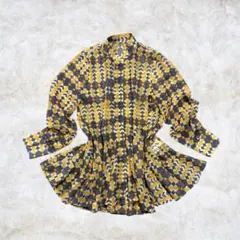 レア90‘s 総柄 ブラウス 長袖 イエローフレア　幾何学柄 古着