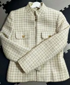 【美品】ZARA ベージュ チェック柄 ツイードジャケット