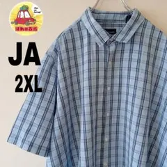 USA古着 Johnashford 半袖ボタンシャツ2XL ライトブルーブラックのサムネイル