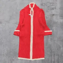 リブニット トップス ジップアップ レッド XL きれいめ カジュアル