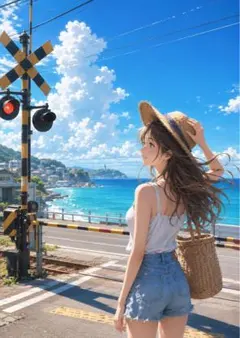 【イラスト】海辺の踏切と少女 アートポスター