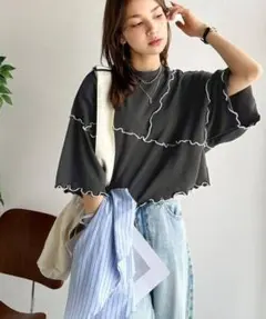 クラシカルエルフ 配色ステッチ 5分袖 Tシャツ チャコールグレー