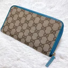 ♡美品♡グッチ 長財布 GG キャンバス ターコイズブルー ラウンドファスナー