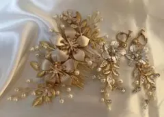ヘッドドレス&イヤリング2点セット、花ゴールドウェディング 結婚式  ワイヤータ