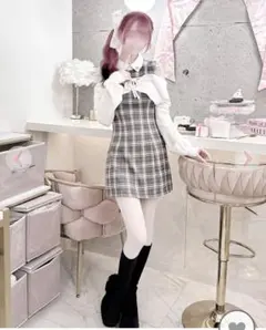 HONEYMEW オフショルボレロチェックアンサンブルトップス ホワイト