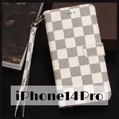 チェック柄 手帳型 iPhoneケース iPhone14Pro ホワイト