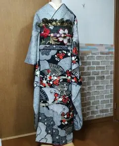 振袖フルセット 着物 花柄 黒赤総絞り