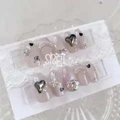 オーダー◇ネイルチップ グレー マグネット 量産型 黒 推し ハート リボン