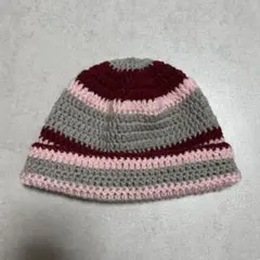 ハンドメイド ボーダー ニット帽 手編み クラッシャーハット グレー×ピンク