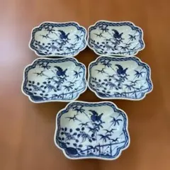 青い鳥と竹の波型皿 5枚セット